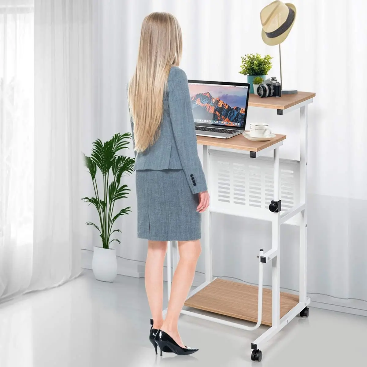 Rolling Standing Desk Stand Up Desk, Height Adjustable Home Office Desk with Standing & Seating 2 Modes