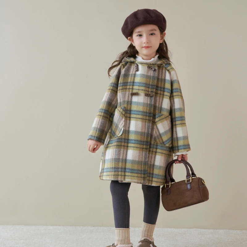 Coats for Girls Statue Outerwear Child Winter Fur Kids Autumn Clothes Junior Woolen Plaid Fabric Trench Length Tricorne 4-12Y