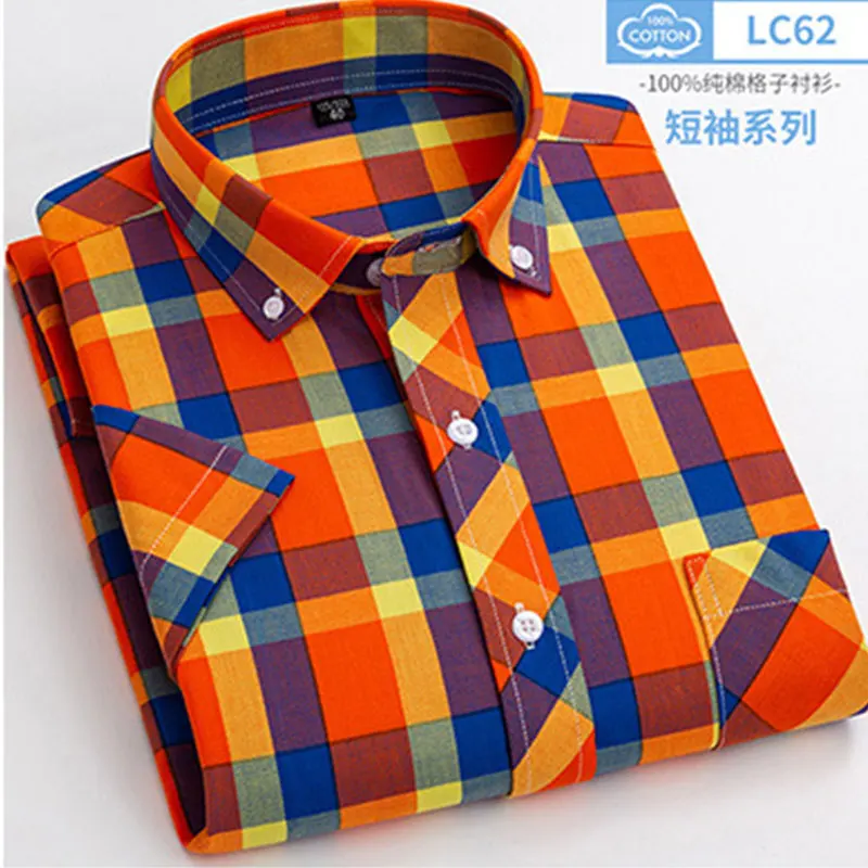 100% cotton 6XL Men\'s short sleeve shirt Summer thin Oxford woven high quality fashion plaid free wear breathable plus size