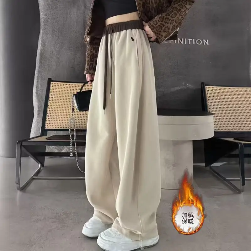 Women Winter Loose Casual Pants with Embroidered Colorblock Two-Wear Strap Elasticated Wide-Leg Pants for Women Winter Pants