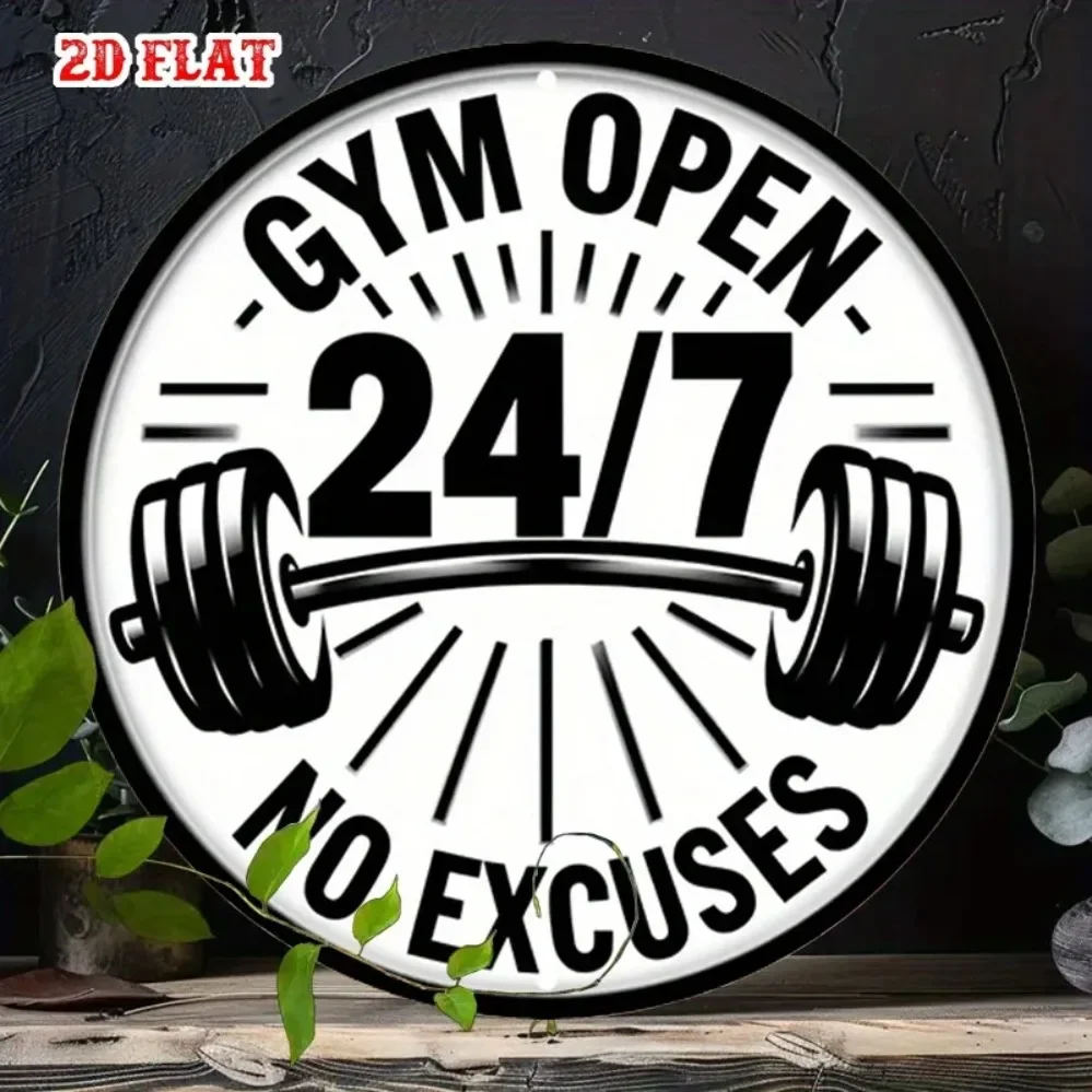 Gym Open 24H No Excuses Aluminum Metal Sign, Rustic Motivational Fitness Wall Art for Indoor Decor