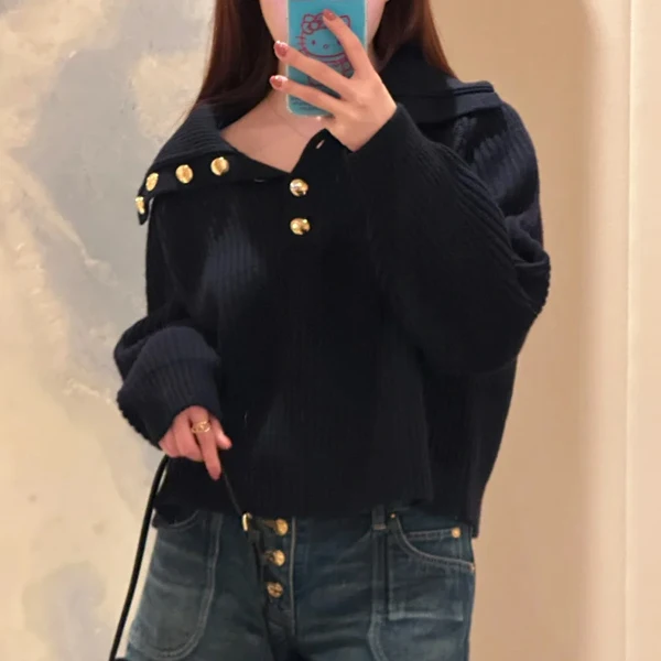 Suéter longo de malha com botão dourado, cor pura, gola virada para baixo, lã, faion para mulheres, outono inverno