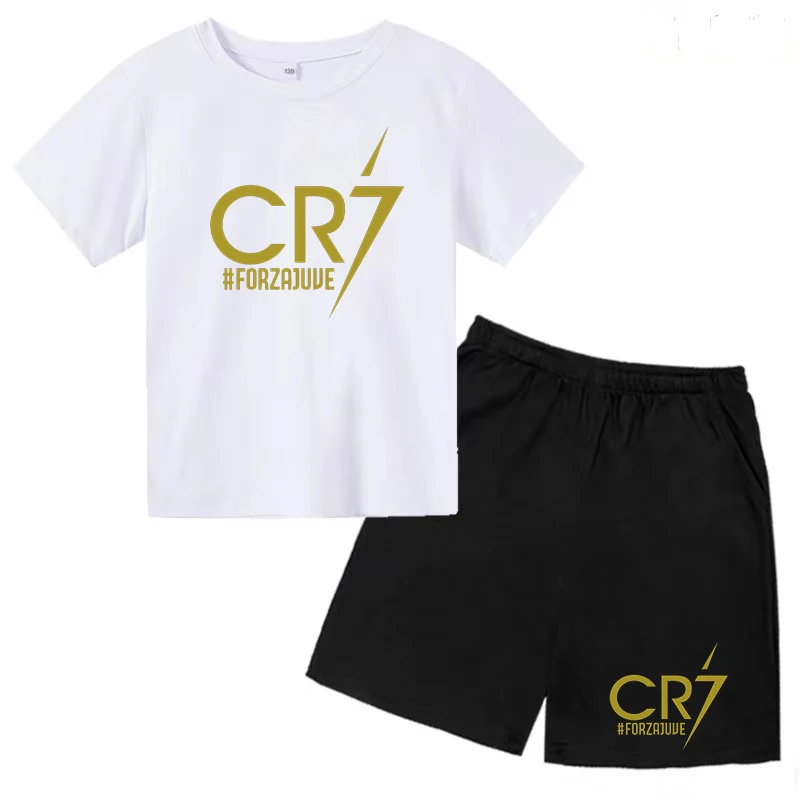 T-shirt dziecięcy Lato CR7 Star Print Top/Shorts 2P Chłopcy/Dziewczynki Przedszkole 3-13Y Prezent urodzinowy Sunshine Casual Okrągły dekolt Zestaw sportowy