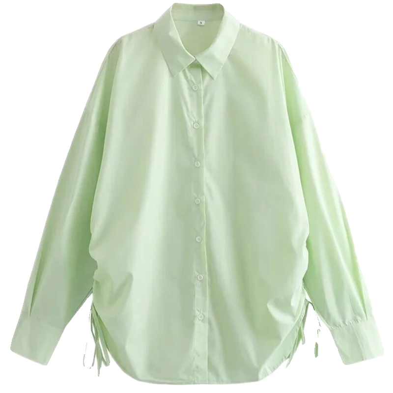 Spring 2024 Women's Loose Fit Long Sve irt Design Sense Slimming Versatile Dstring on Both Sides Faionable Ladies S...