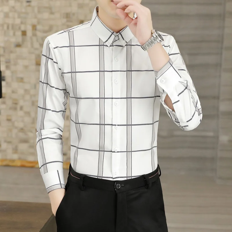 

New Autumn Long Sve Men's Casual irt Faionable High-End Button Collar Iron-Free Korean Sle Cheered Dr irt