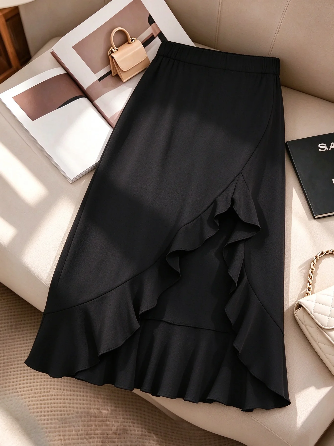 Elegant Plus Size High Elastic Waist Ruffle Split Asymmetrical Midi Skirt Women For Daily Casual Office Party