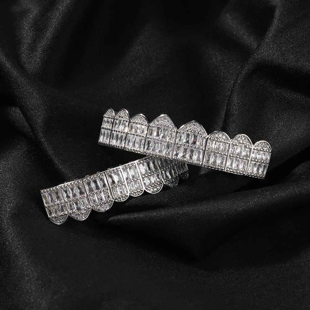 NEW T Shape CZ 8PC Teeth Grillz Top & Bootom Dental Mouth Caps Cosplay Party Rapper Hip Hop Jewelry TG169