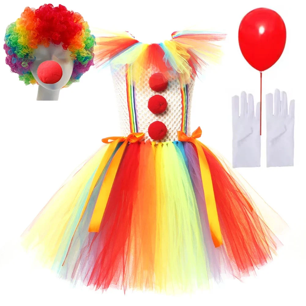Clown Costumes Rainbow Tutu Dress for Kids Girls Circus Joker Outfit