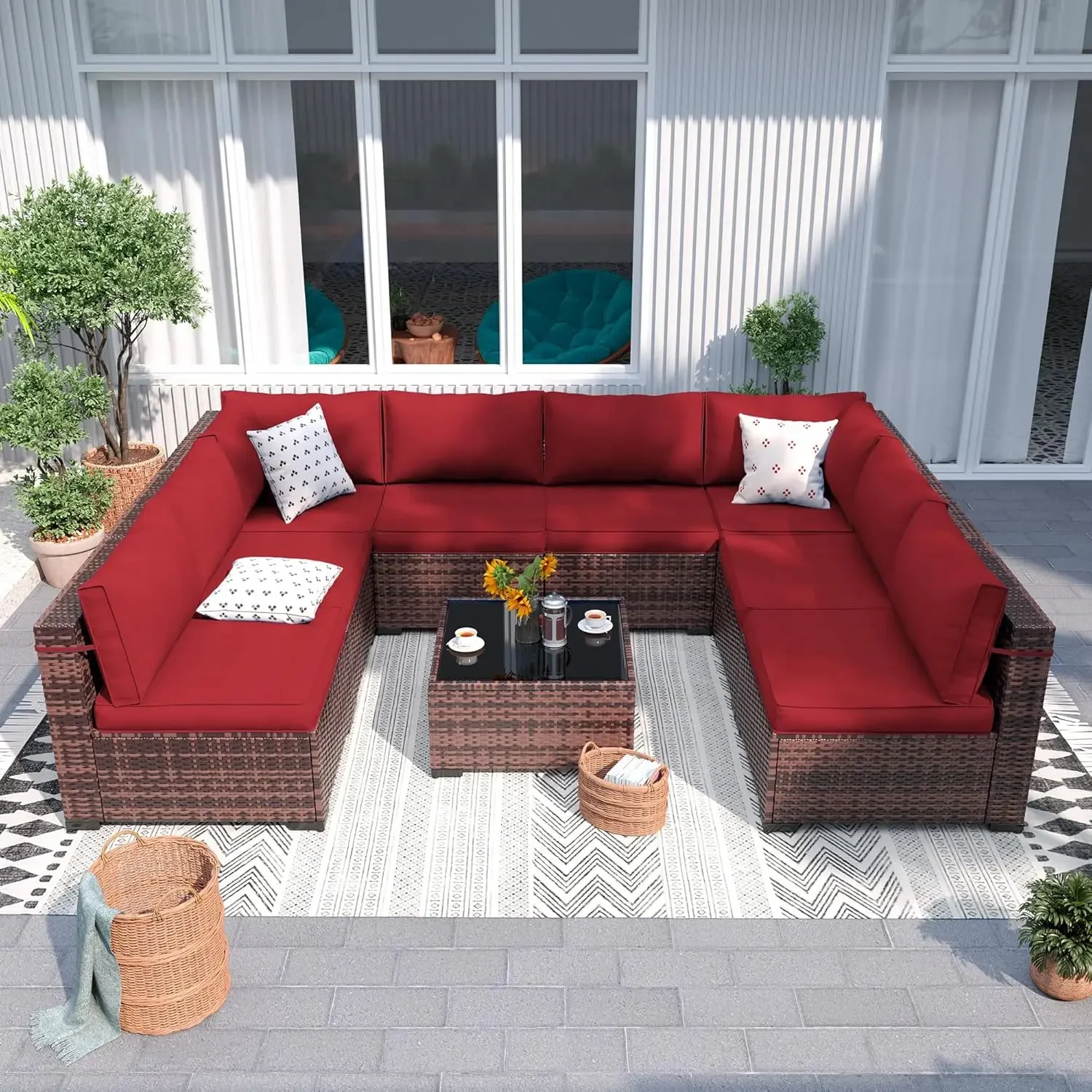 

Patio Furniture Set Outdoor Modern Sectional Wicker Couch with Glass Coffee Table, Thicken Cushions, Waterproof Cover