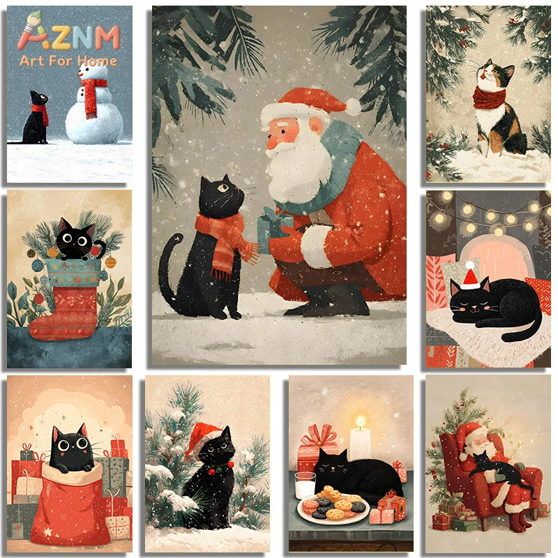AZNM Christmas Black Cat Canvas Wall Art Santa Claus Snowman Winter Illustration Print Holiday Home Decor Unframed
