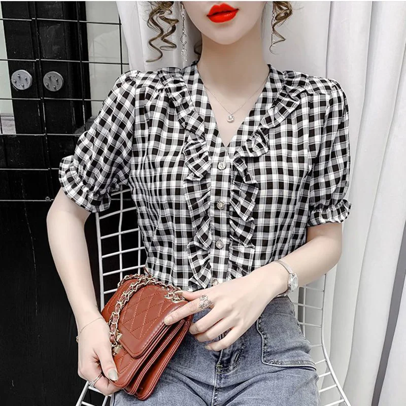 Sweet V-Neck Spliced All-match Ruffles Lattice Shirt Female clothing 2023 Summer New Oversized Casual Tops Office Lady Blouse