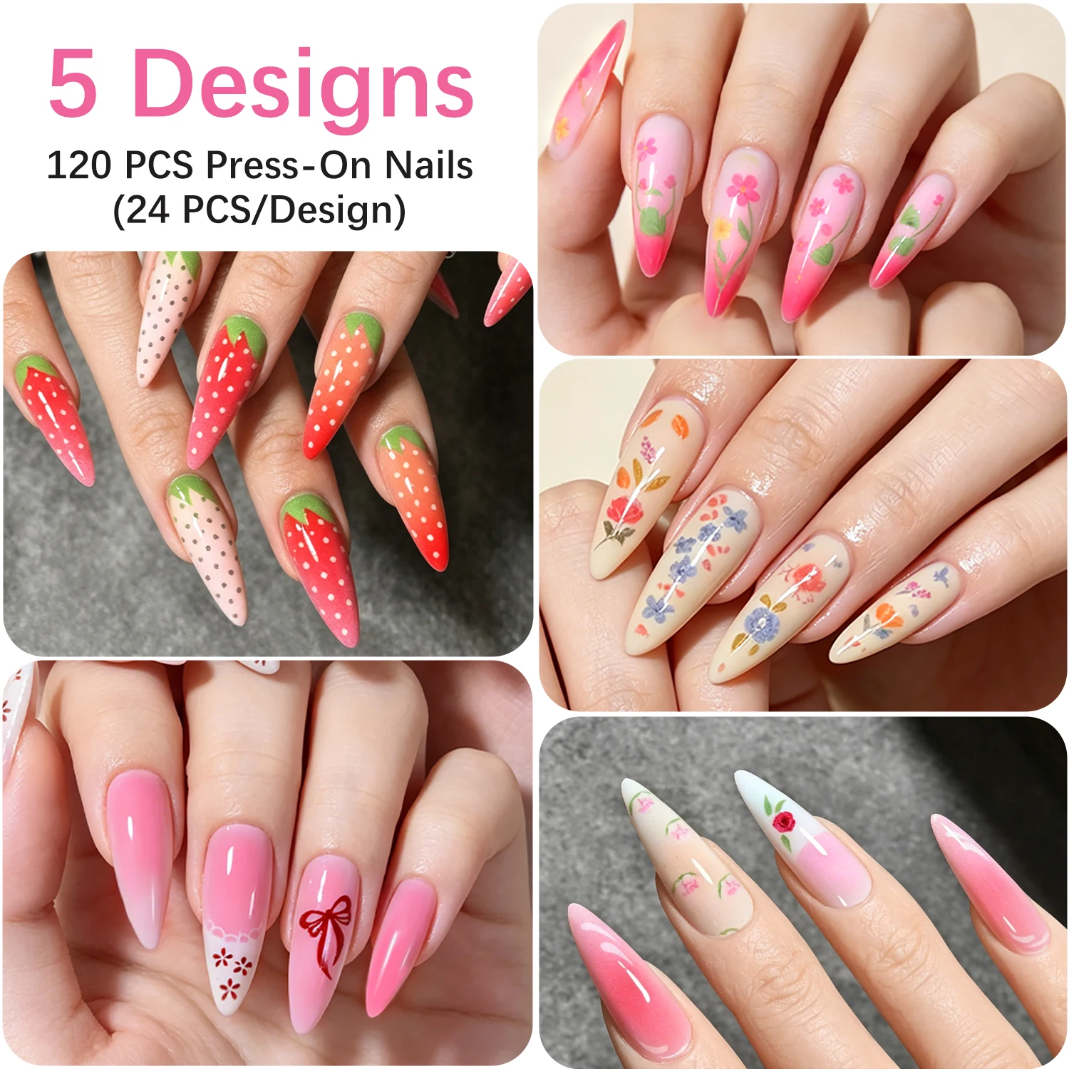120Pcs Long Almond Press On Nails Mixed 5 Styles Bow Floral Strawberry Full Cover Acrylic Fake Nails Summer Y2K Sweet False Nail view 2