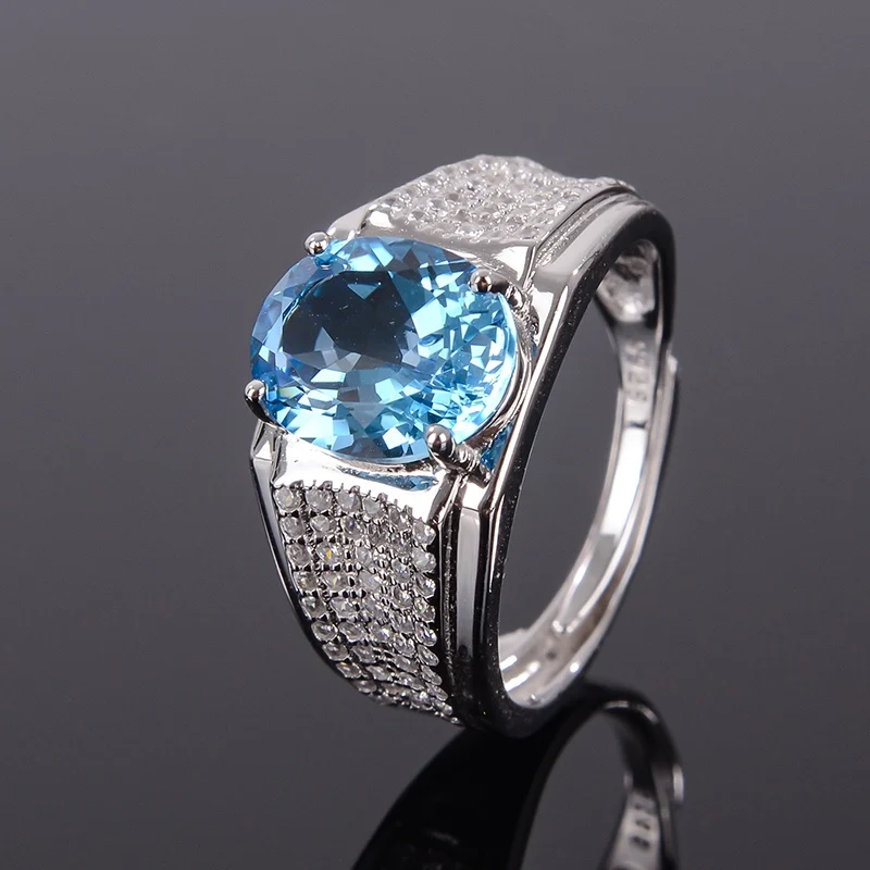 

925 Sterling Silver Large 8*10mm Fashion Men's Ring Natural Blue Topaz Gemstone London Blue Birthday Jewelry Gift High Jewelry