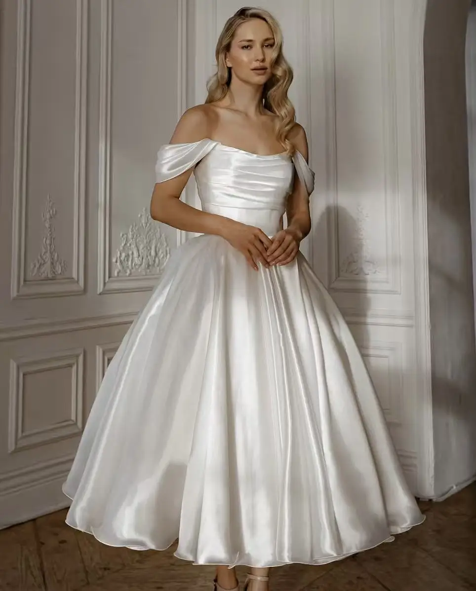 Ninfa lvory Abito da sposa in raso con spalle scoperte Una linea Abiti da sposa Donna Elegante caviglia Abiti da sposa PersonalizzatiVestido de novi
