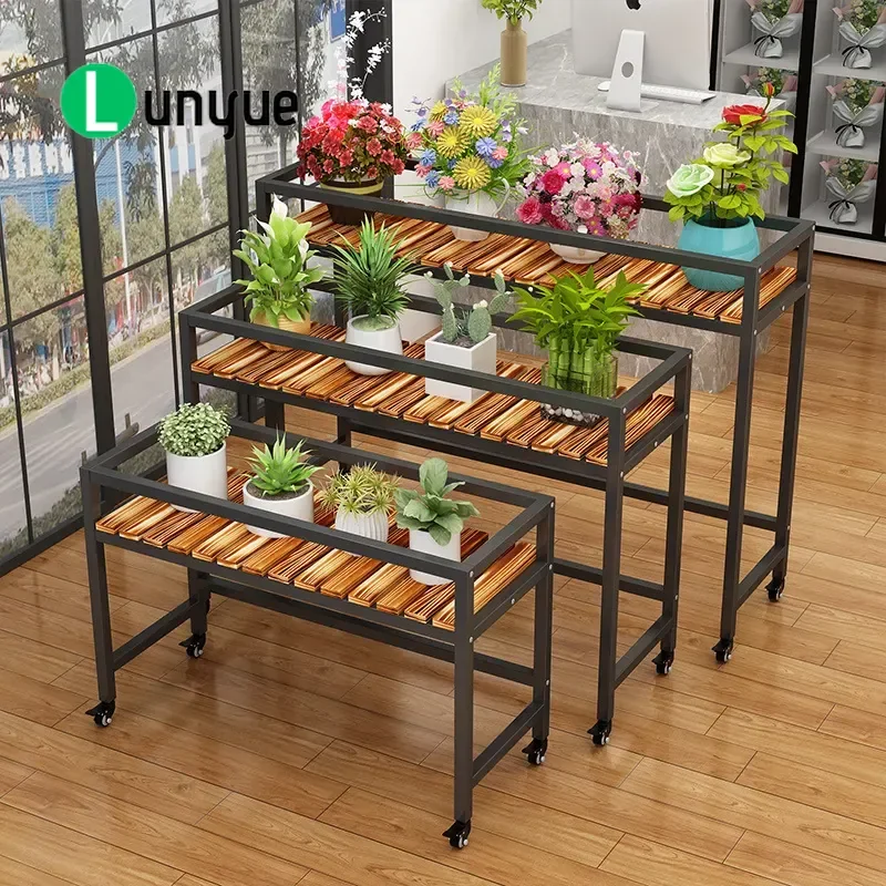 Solid Wood Flower Stand Wrought Iron Succulent Rack Removable Sun Protection Plant Display Shelf for Flower Shop Home Garden