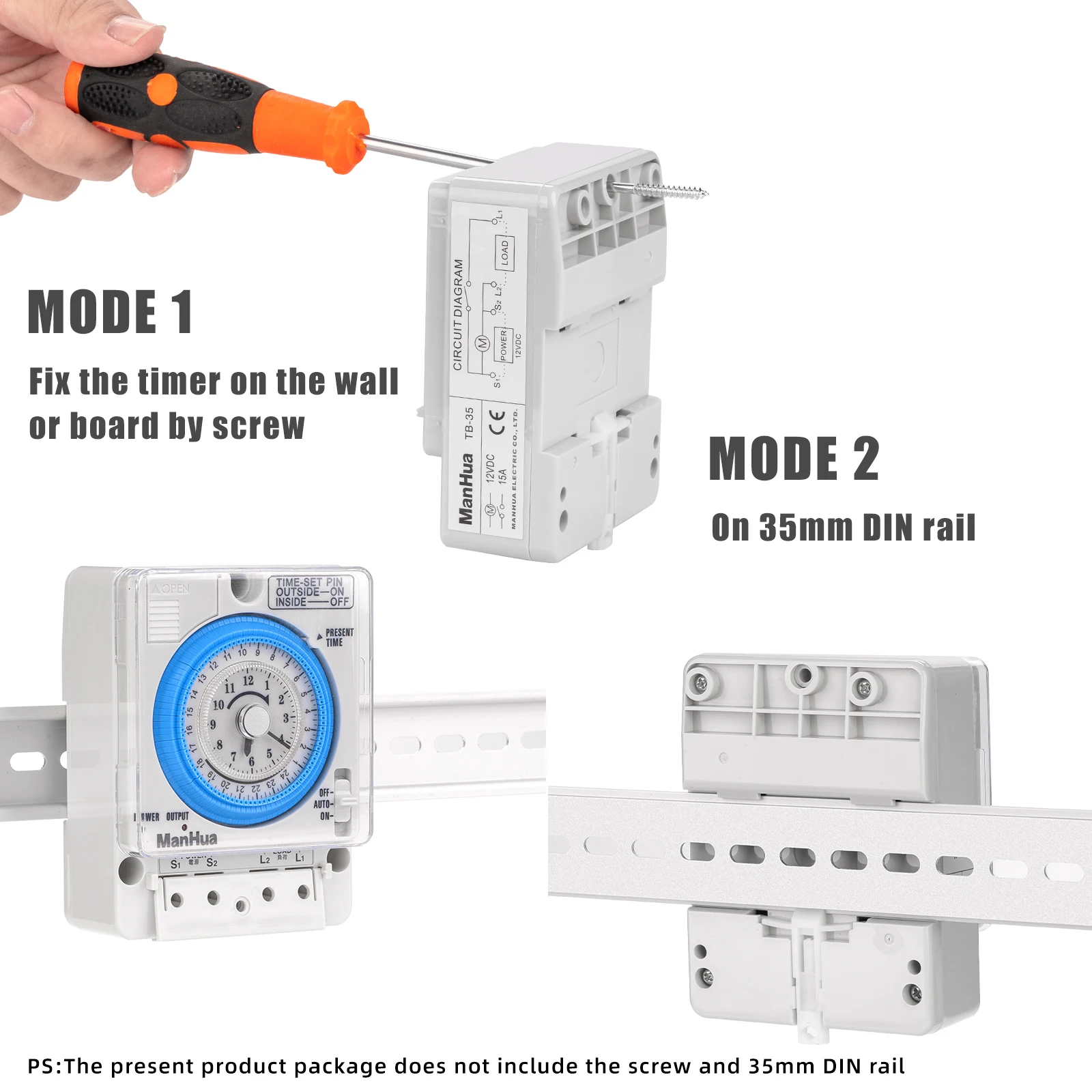 ManHua 24H 12VDC 15A Din Rail Timer Switch TB35 Analog Time Control Switch Mechanical Time Controller