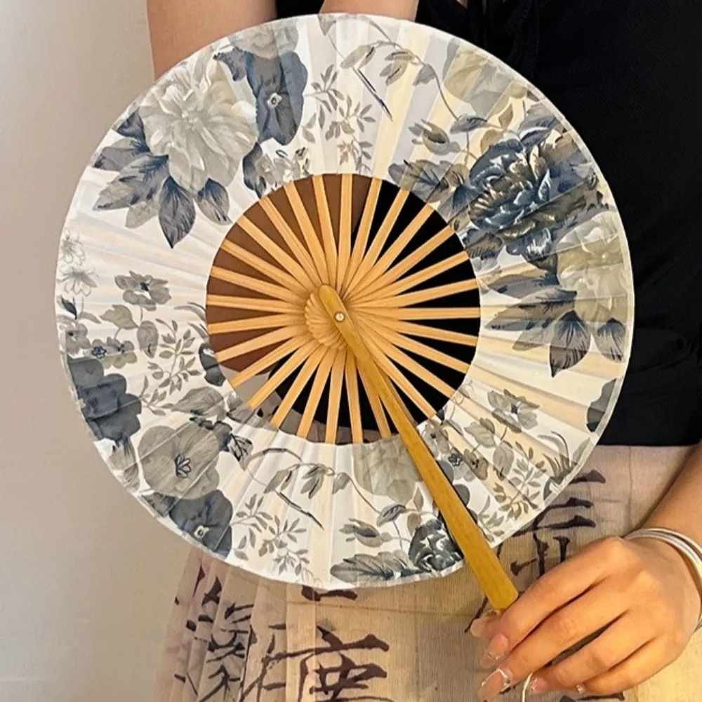 Portable Round Folding Hand Fan Bamboo Handle Exquisite Windmill Fan Classical Elegant Hand Circular Fan Gift