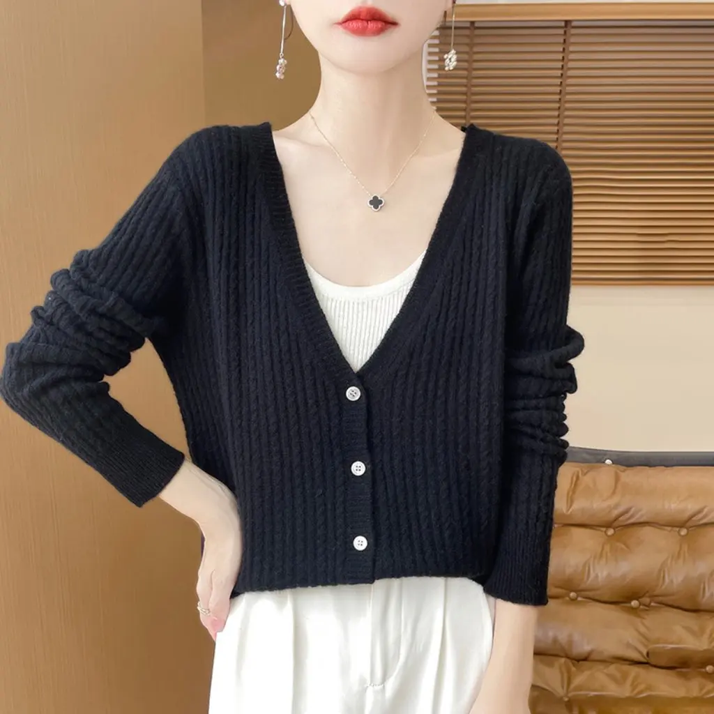 

Женский кардиган с v-образным вырезом, утягивающий свободный вязаный топ в западном стиле, универсальный свитер для оптовой продажи