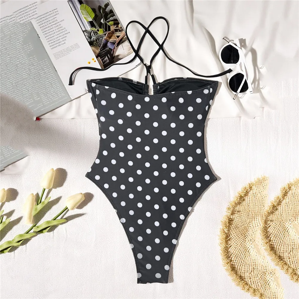 Sexy String Halter Hollow Out Monokini One Piece Swimsuit Woman 2026 Black Dot Print Swimwear Metal Ring Bathing Suit Bodysuits