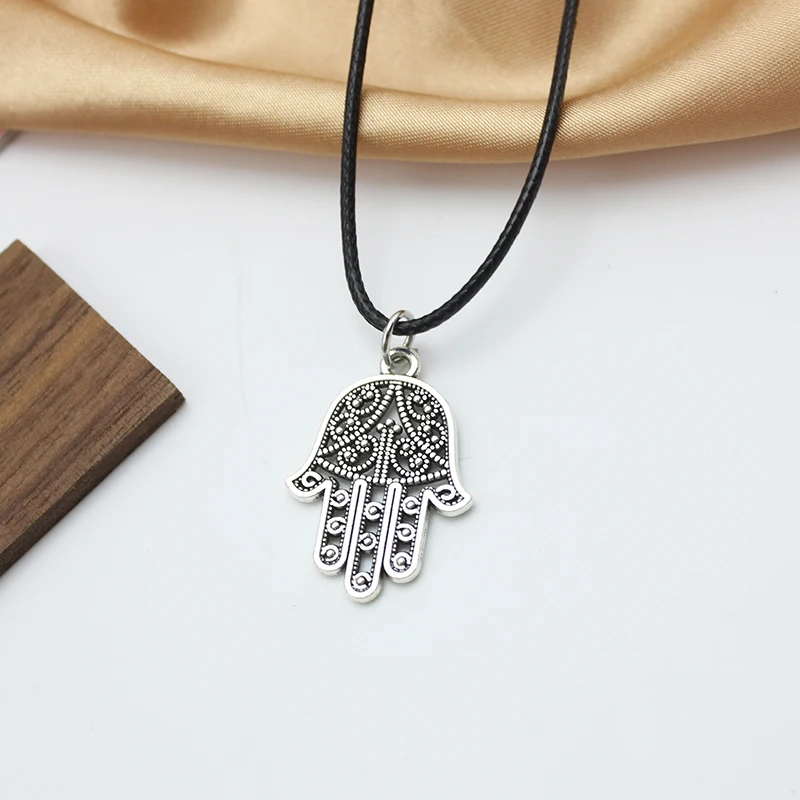 Retro Silver Color Personalized Hollowed Fatima Hand Palm Pendant Necklace for Women Black PU Leather Choker Neck  Jewelry Gift