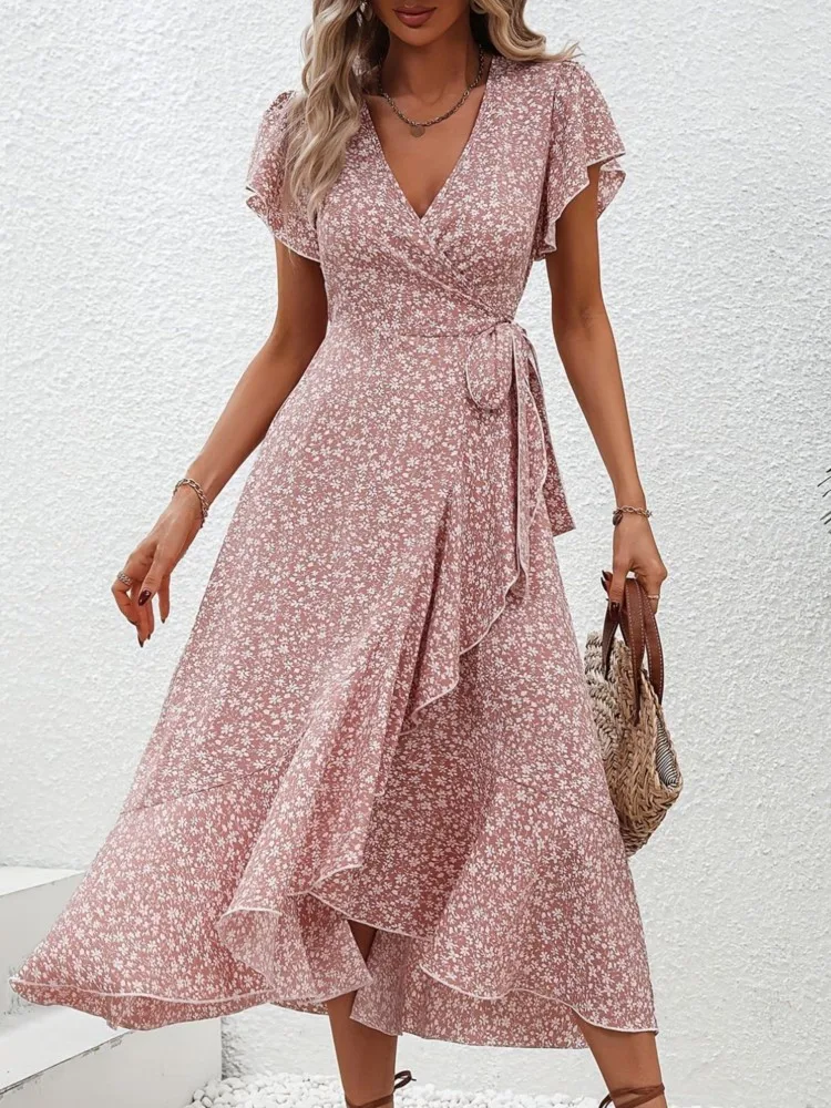 

Summer Women's Floral Elegant Split Mid-length Dress Fashion V-neck High-waisted Cardigan Tie Short-sleeved Irregular Dresses