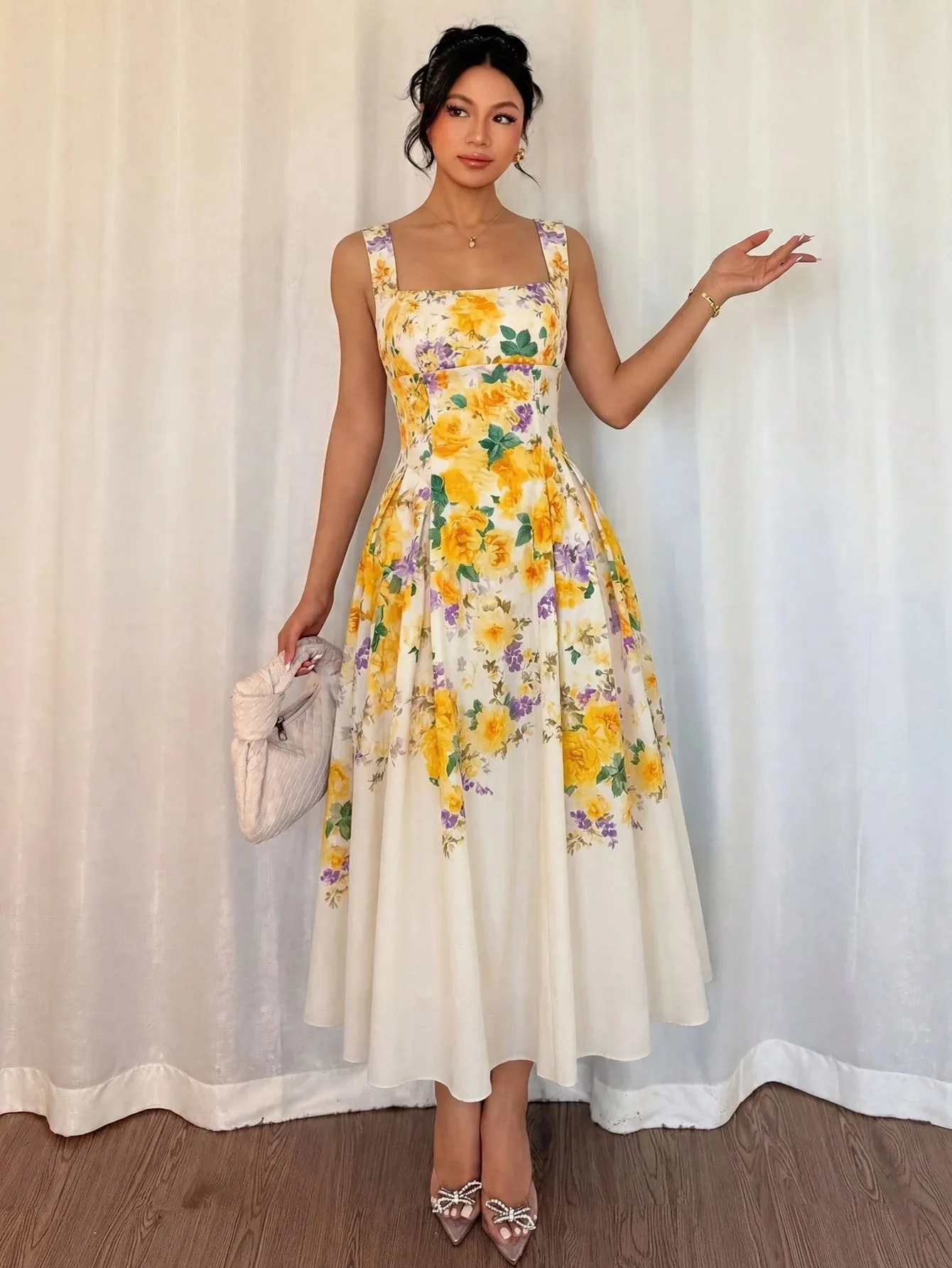 Elegantes Damenkleid mit Blumenmuster und Gürtel, stilvoller, lässiger Maxirock mit Schärpen für den Urlaub – Detail 4