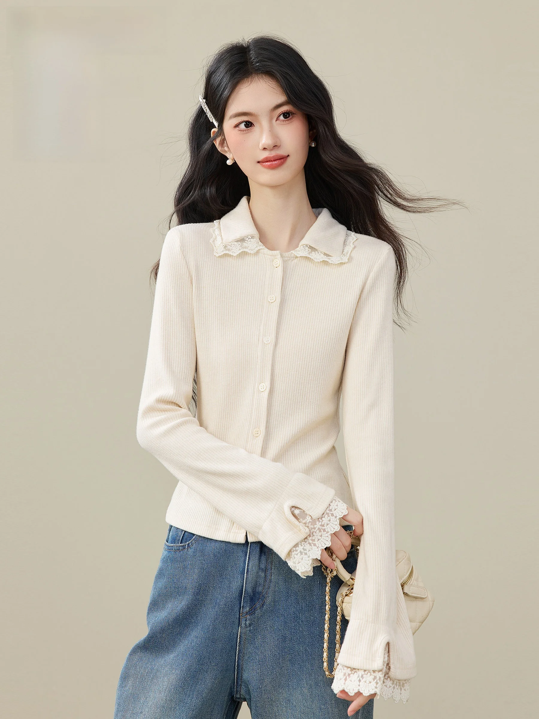 

Ретро-кардиган с длинными рукавами цвета абрикос, женский, с кружевными вставками, приталенный, из хлопка, полиэстера и нейлона