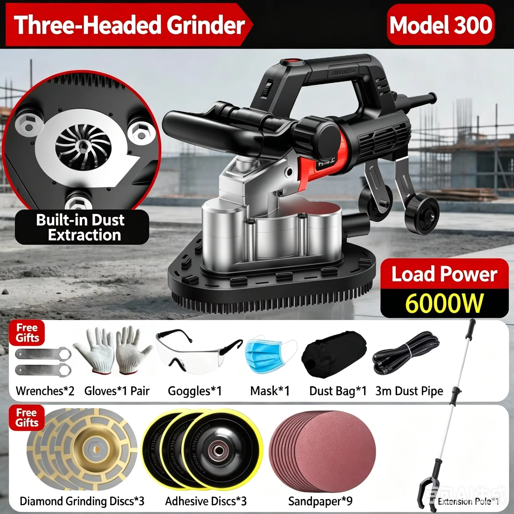 New 3‑Head Concrete Grinder Cement Floor Polishing Machine Epoxy Floor Grinding Machine Floor Surface Polisher for Ground Treatm