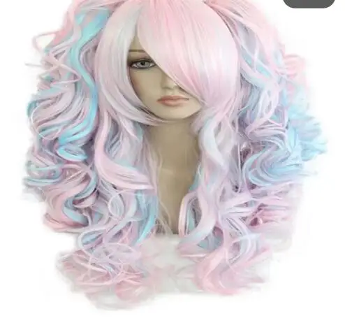 Women 70cm Long Blue Mixed Pink Wavy Braided 2 Ponytails Synthetic Party Cosplay Wig 30 Colors Available