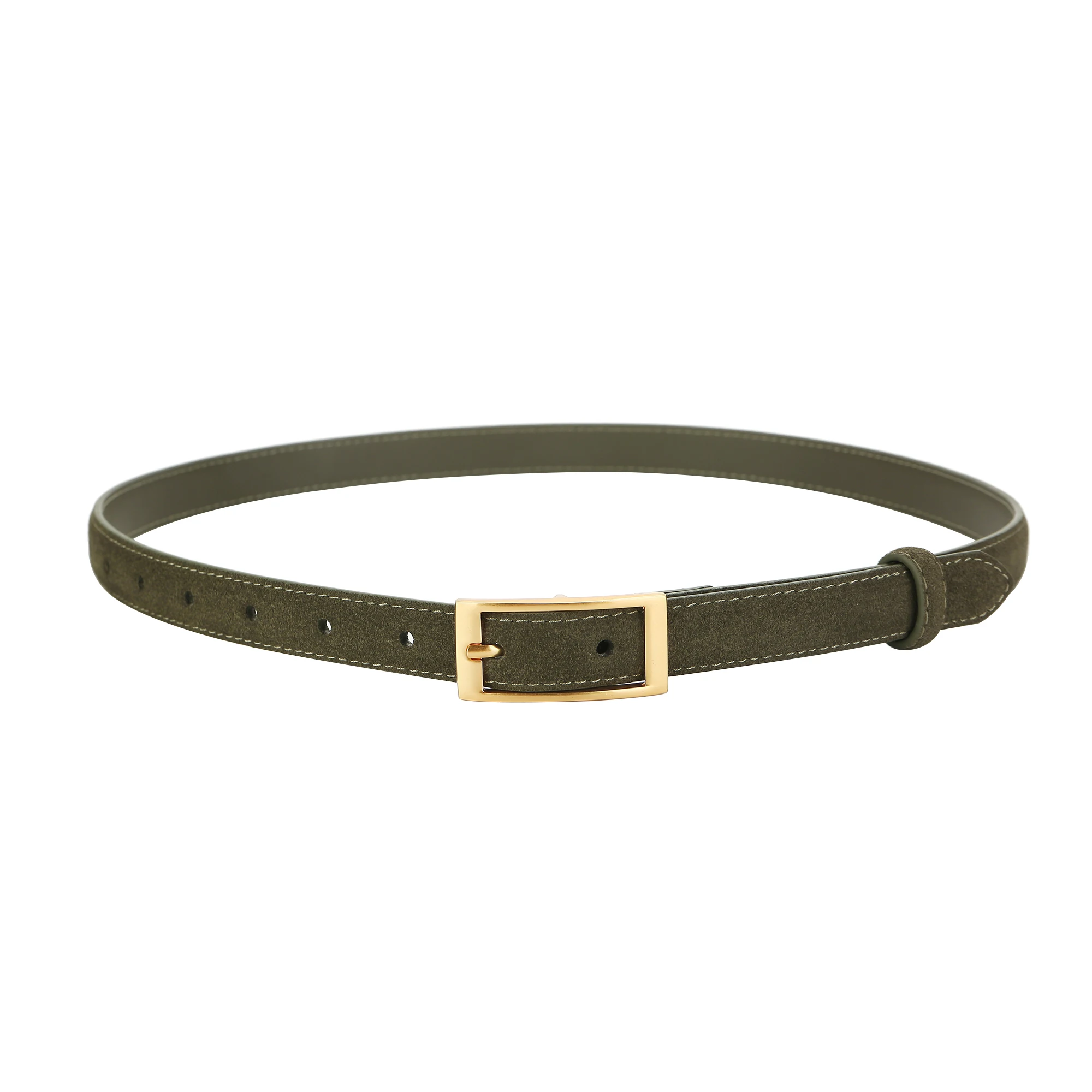 Luxuriöser Wildleder-Rindsledergürtel für Damen, Schmaler Ledergürtel für Kleider, Jeans und Hosen mit Goldener Quadratschnalle – Detail 11