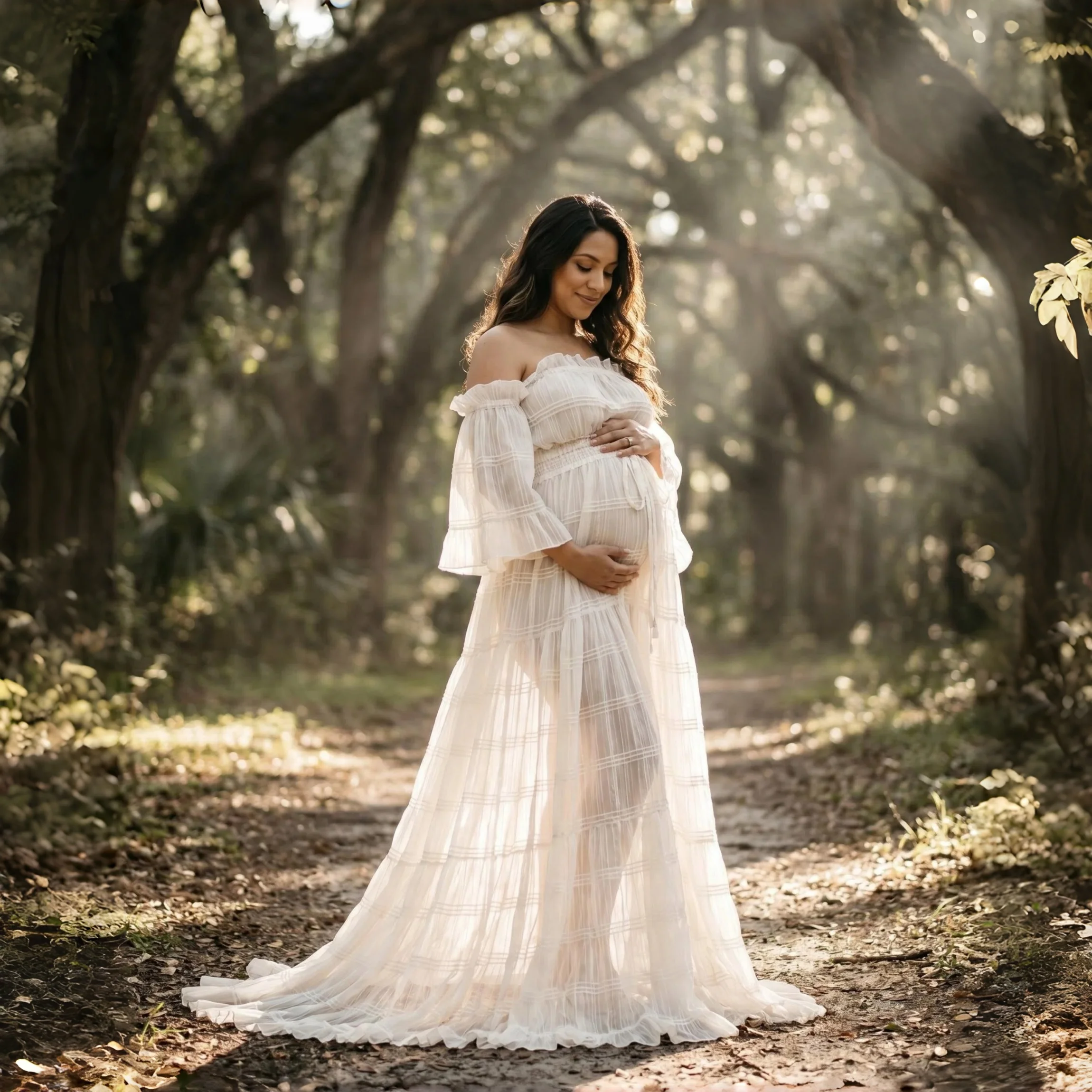 White Pleated Chiffon Maternity Photo Shoot Outfit Long Dress Short Sleeve 2 in 1 Pregnancy Photography Dress Set