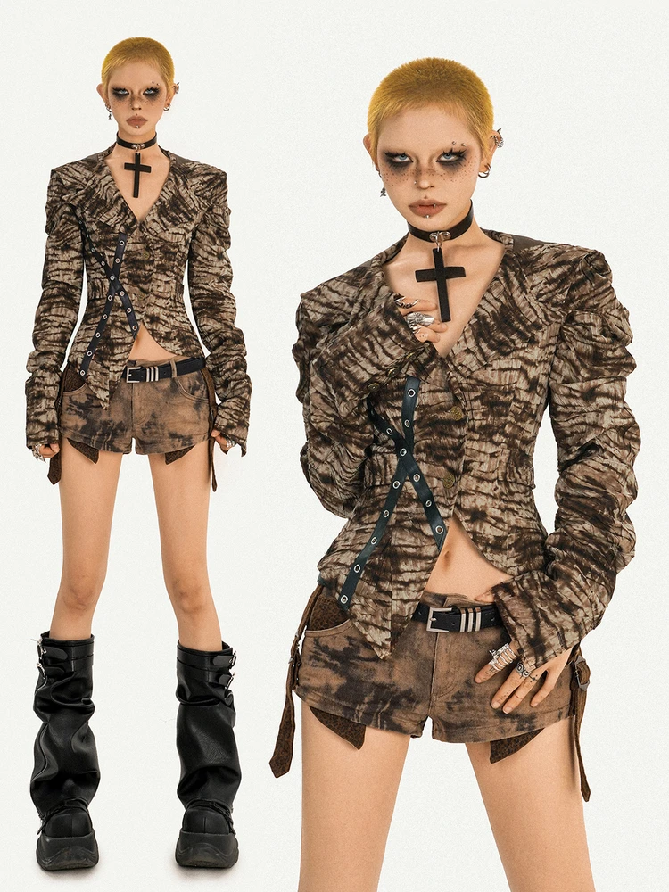 

Slim Fit irt Sle ort Outerwear Women's Vintage Faion Tie Dye Beadings Autumn Clothes Button Closure Long Sve