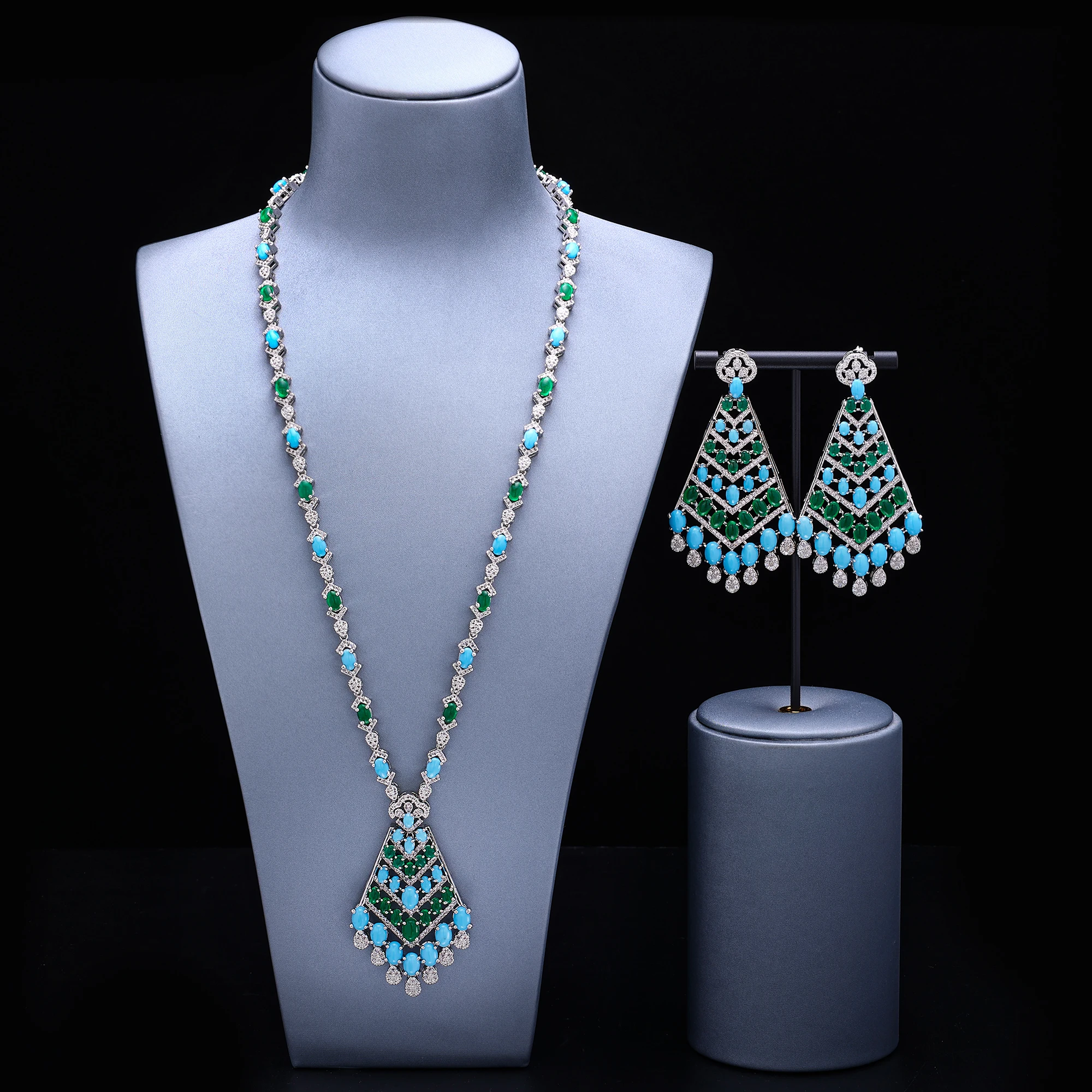 

Luxury Turquoise Cubic Zircon Dubai Bridal Jewelry Sets Nigerian Long Chain Sweater Necklace Earring 2pcs Set