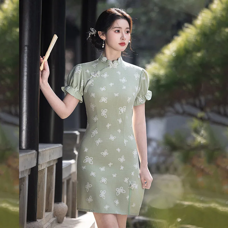 

Green National Style New Chinese Short Cheongsam Improvement 2026 New Girl's High End Summer Qipao
