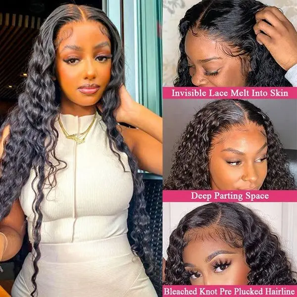 Парики из натуральных волос с глубокими волнами, парики из натуральных волос HD, прозрачные, глубокие вьющиеся, фронтальные парики, предварительно сорванные, плотность 250%, натуральный черный