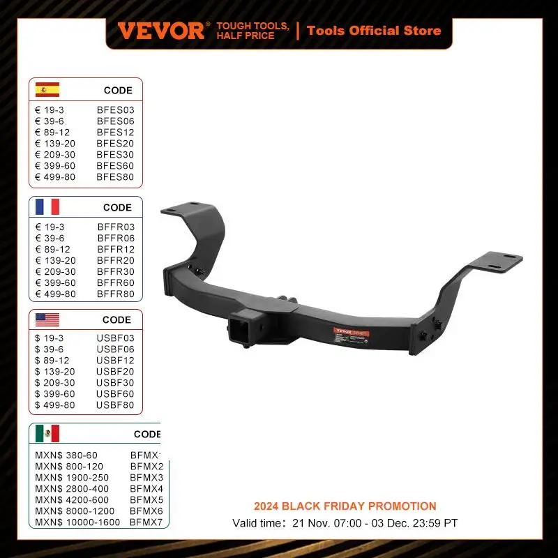 VEVOR Class 3 Trailer Hitch 2-Inch Receiver with Q455B Steel Tube Frame to Receive Ball Mount Cargo Carrier Bike Rack Tow Hook