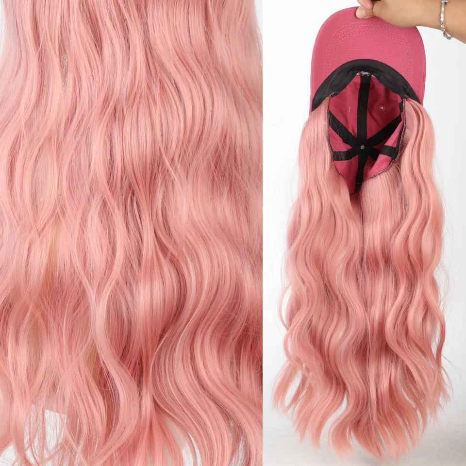 Pink Baseball Cap Seamless Connection Hair Extensions Synthetic 18inch Fluffy Long Wave Wig Hats for Women Adjustable Cap Wigs