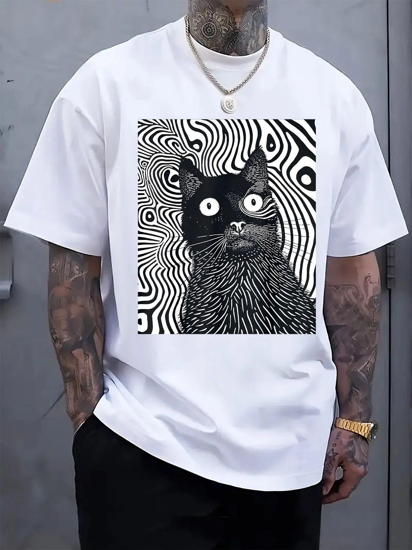 Men'S Psychedelic Black Cat Print T Shirt Casual Crew Neck Short Sleeve Tee with Vibrant Design Lightweight Polyester Fabric
