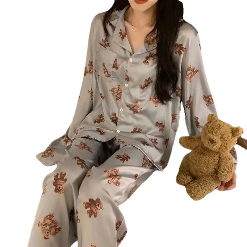 2PCS/Set women\'s homewear long-sleeved cartoon grizzly bear fall and winter pajamas cardigan student homewear pajamas women\'s mo