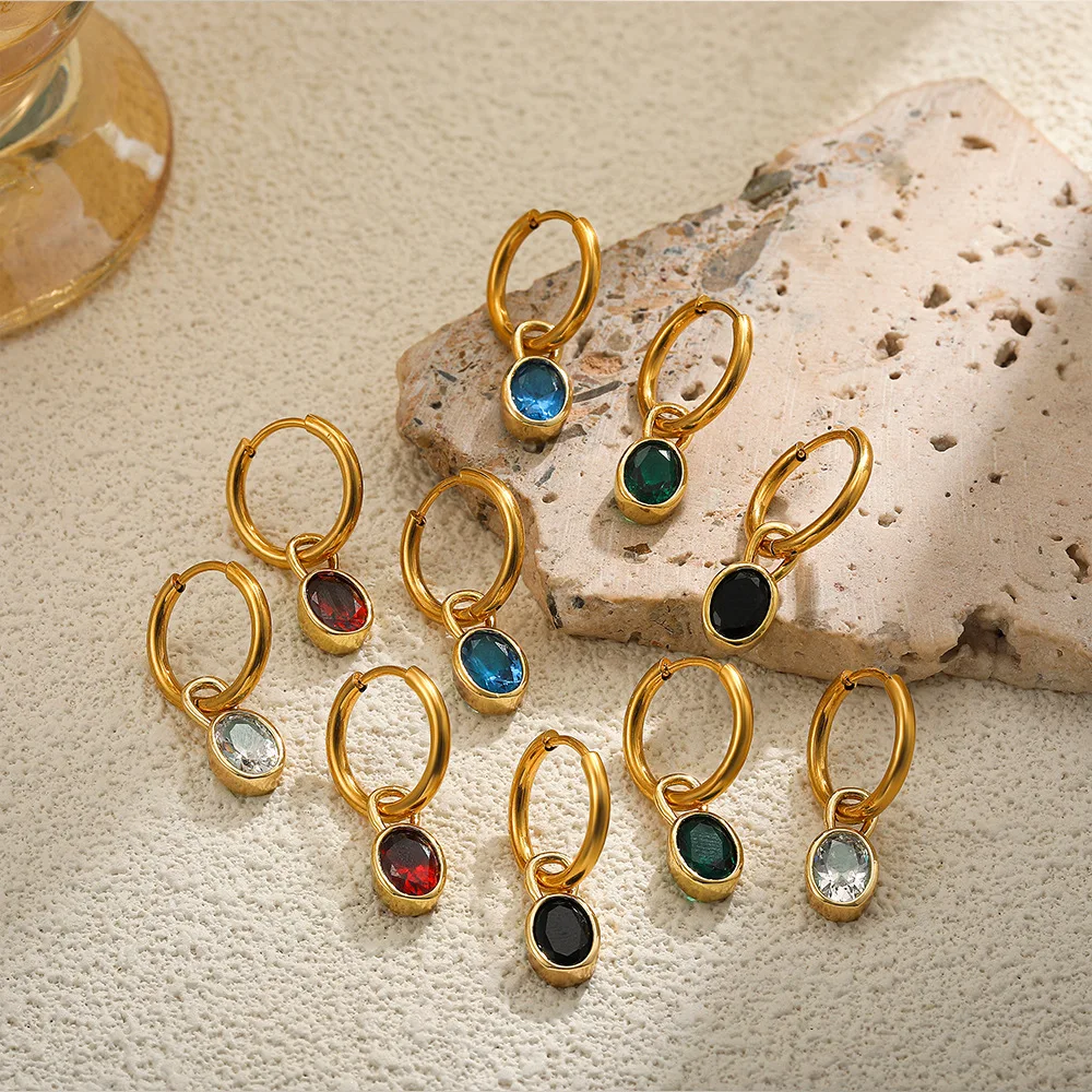 

Delicate Multicolour Oval Zircon Crystal Hoop Earrings Gold Plated Stainless Steel Small Circle Huggies Earring Female Jewelry