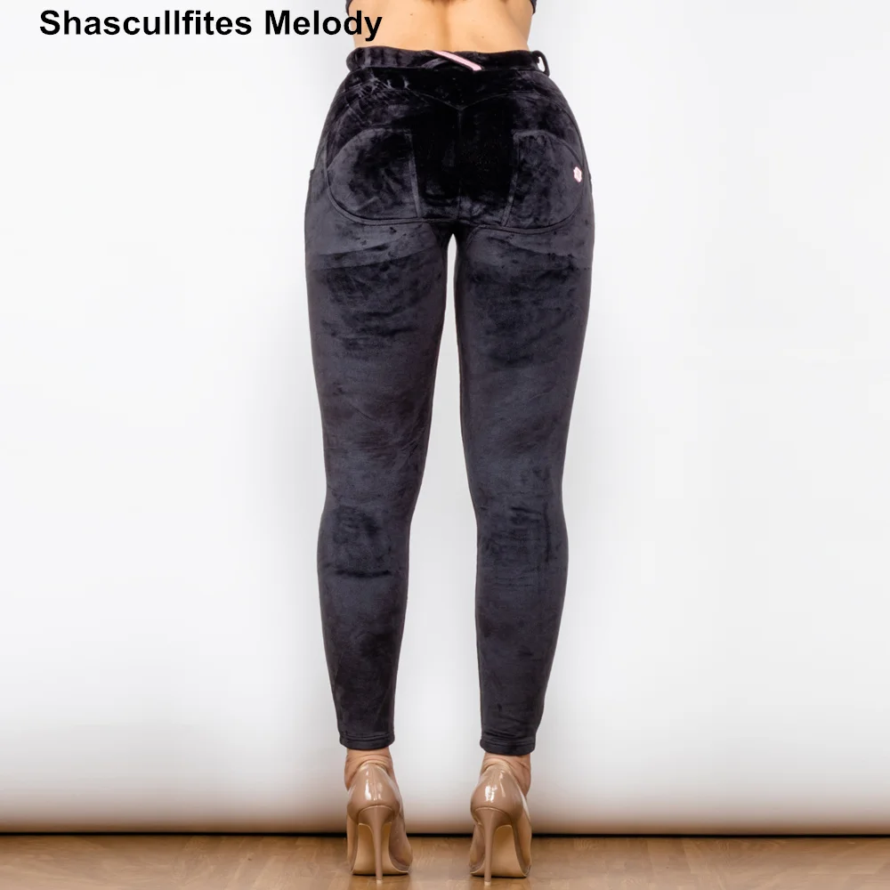 Shascullfites Melody Women\'s Elegant Velvet Pants Solid Color High Elastic Warm Slim Booty Lifting Leggings Straight Pants