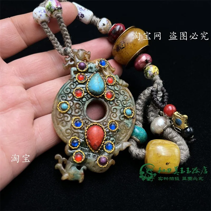 Retro Xiuyan Jade Hollow Double Dragon Peace Buckle Jade Inlaid Gem Copper Coin