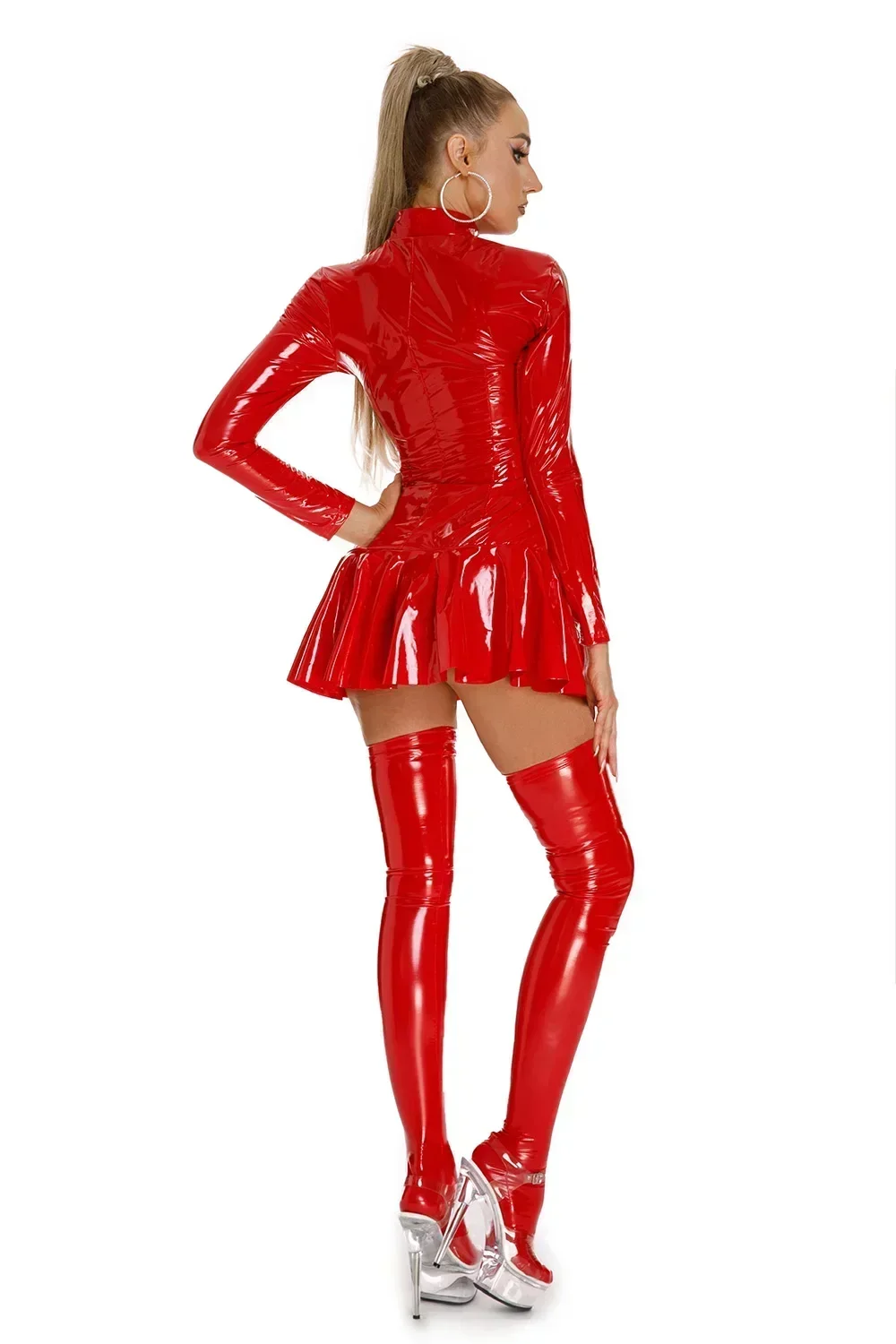 Vrouwen Sexy Glanzend Pvc Lederen Jurk Dame Erotische Vormgeving Latex Geplooide Korte Jurk Rits Porno Borst Bloot Latex Mini Jurk