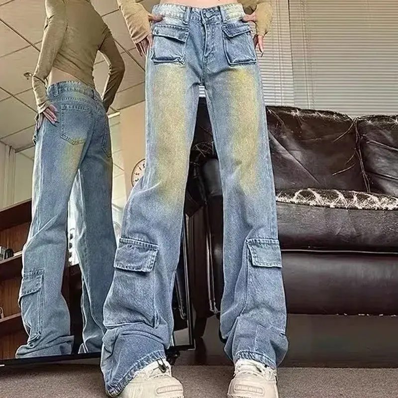 High Street Gradient American Jeans New Female Clothing Vintage Denim Pants Straight Fashionable Pockets Spliced Loose Trousers