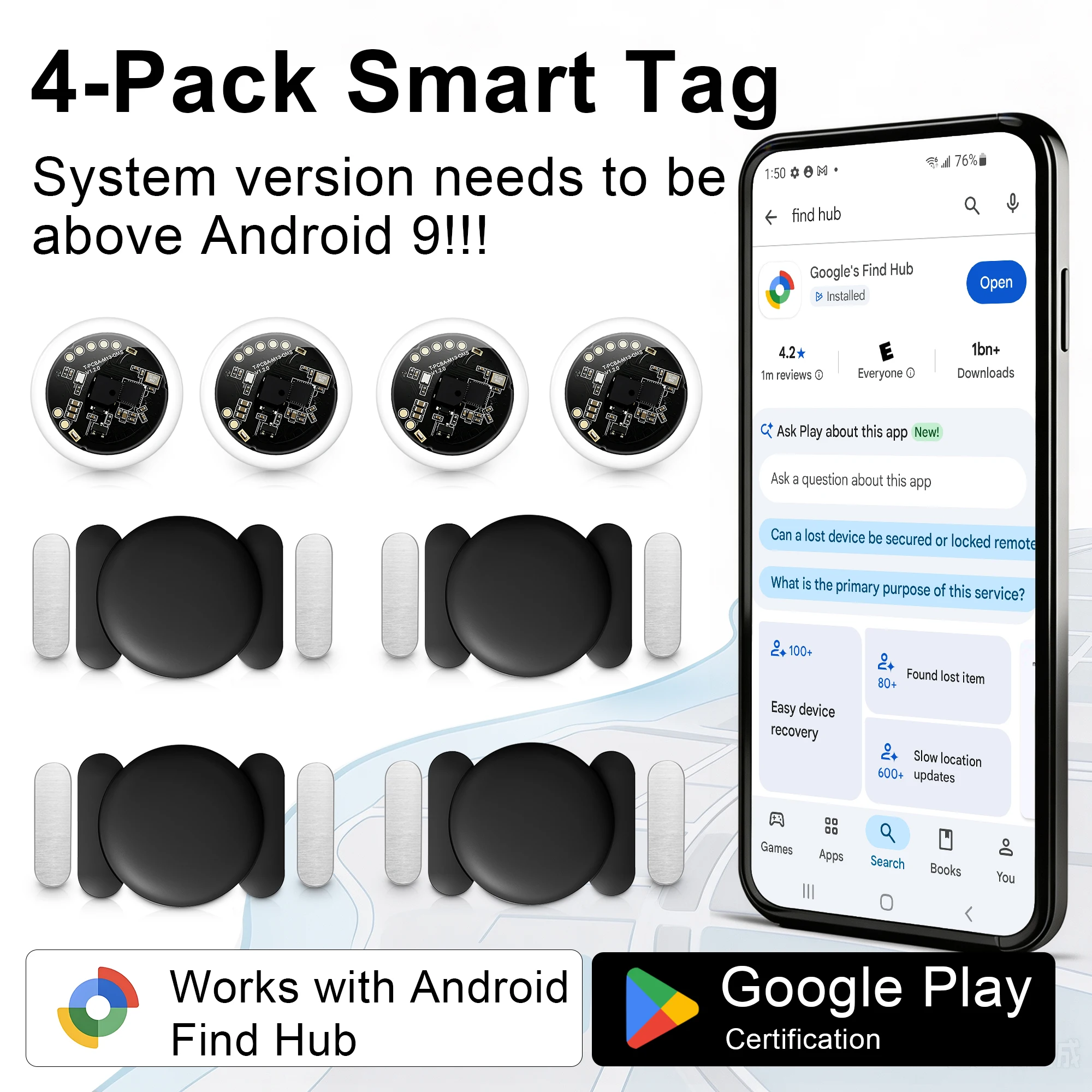 1/2/4 Pack Shareable Smart Tracker Works with Android Find Hub Strong Magnetic Case Item Finder for Luggage Laptop Bike