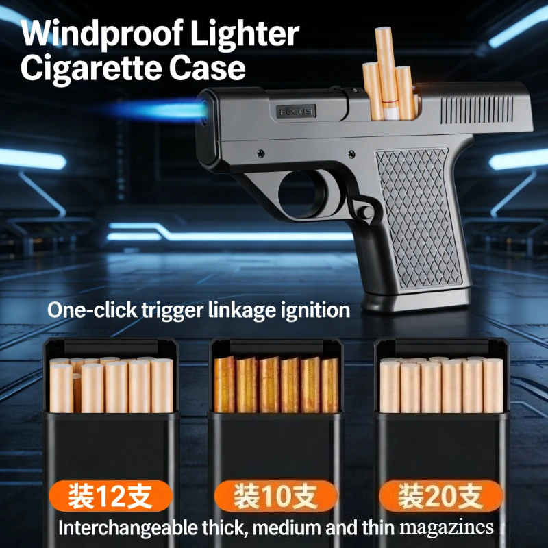 

Pistol Style Lighter Set Holds 10 Cigarettes with 3 Cigarette Cases Jet Blue Flame Windproof Gas Cigar Lighter Mens Smoking