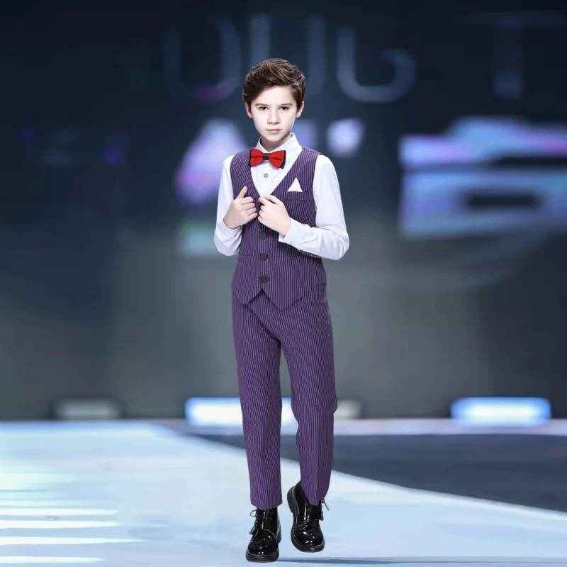Little Boys Purple Striped 3Pieces Vest Pants Bowtie Photography Suit Kids Wedding Birthday Party Dress Children Speech Costume