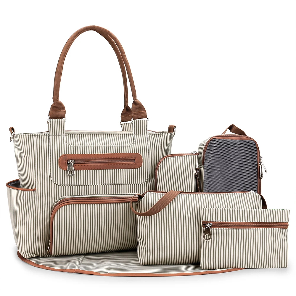 

Diaper Bag Beige Striped Multi-Piece Set Tote With Matching Pouches Brown Accent Spacious Organized For Mom Baby Care