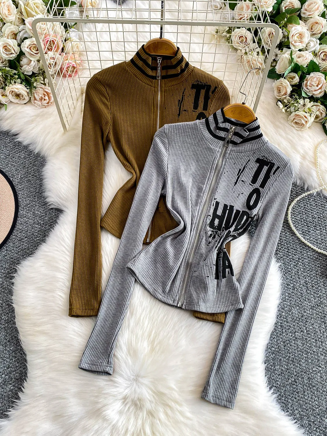 Retro American Striped Knitwear Zipper Slim Fit Women's Stand Collar Outerwear Long Sve Office Wear Summer Autumn Winter