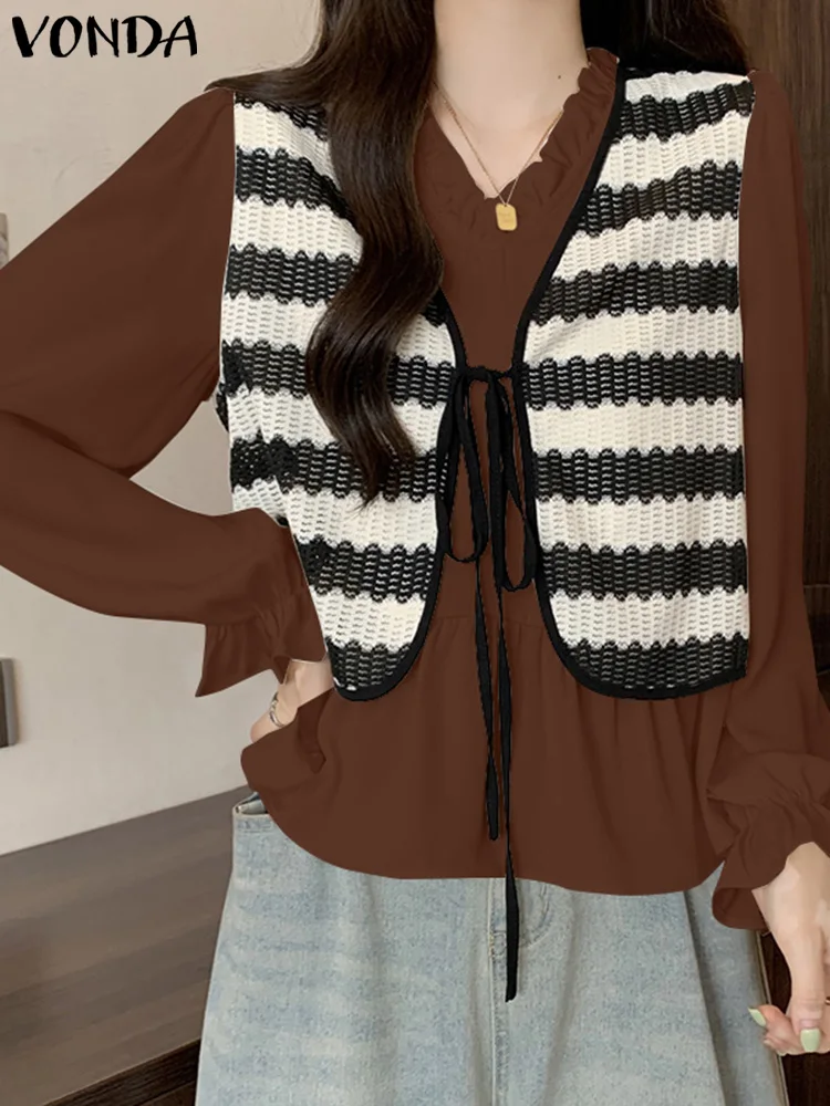 

VONDA Blouses Women Patchwork Tops Casual Loose V-Neck Blusas 2025 Bohemian Party Tunics Long Sleeve Fake Two Piece Blusas